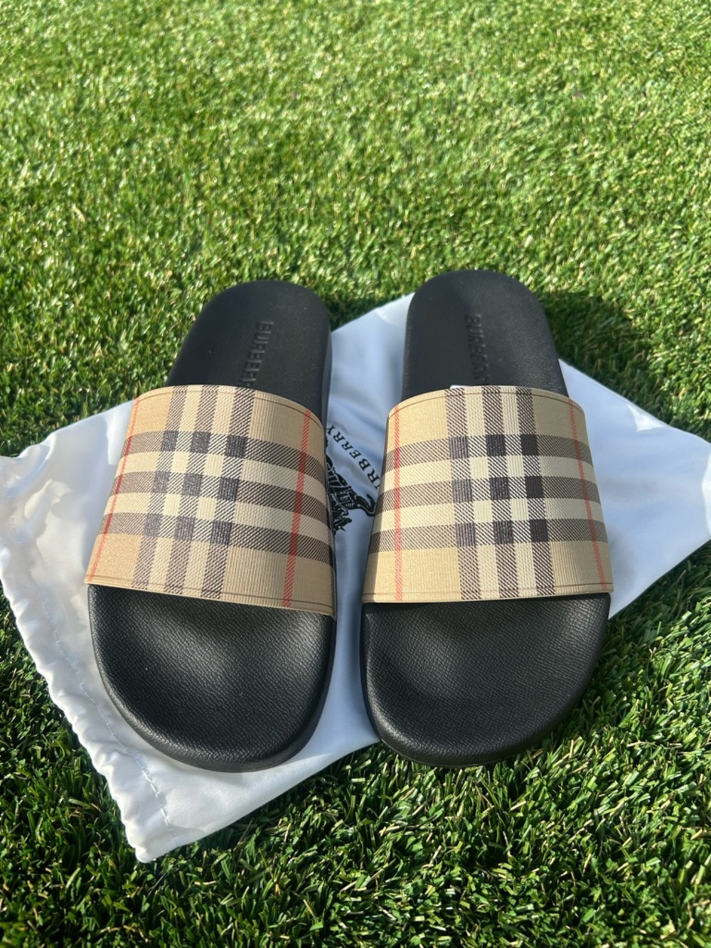 Burberry Black Footbed Slide Sandals with Beige Plaid Strap